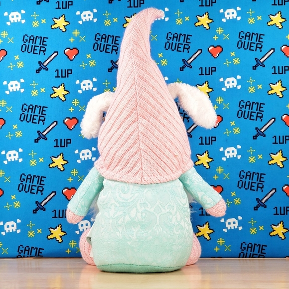 Spring Gnome Plush Wearing Pink Hat w/ Reading Glasses & White Sequin Bunny Ears - Picture 4 of 11